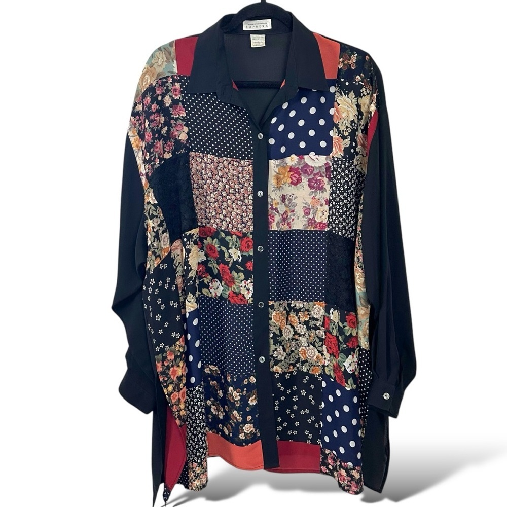 Vintage EXPRESSS Patchwork Button-Down Shirt in Navy, Red, Cream  runs large